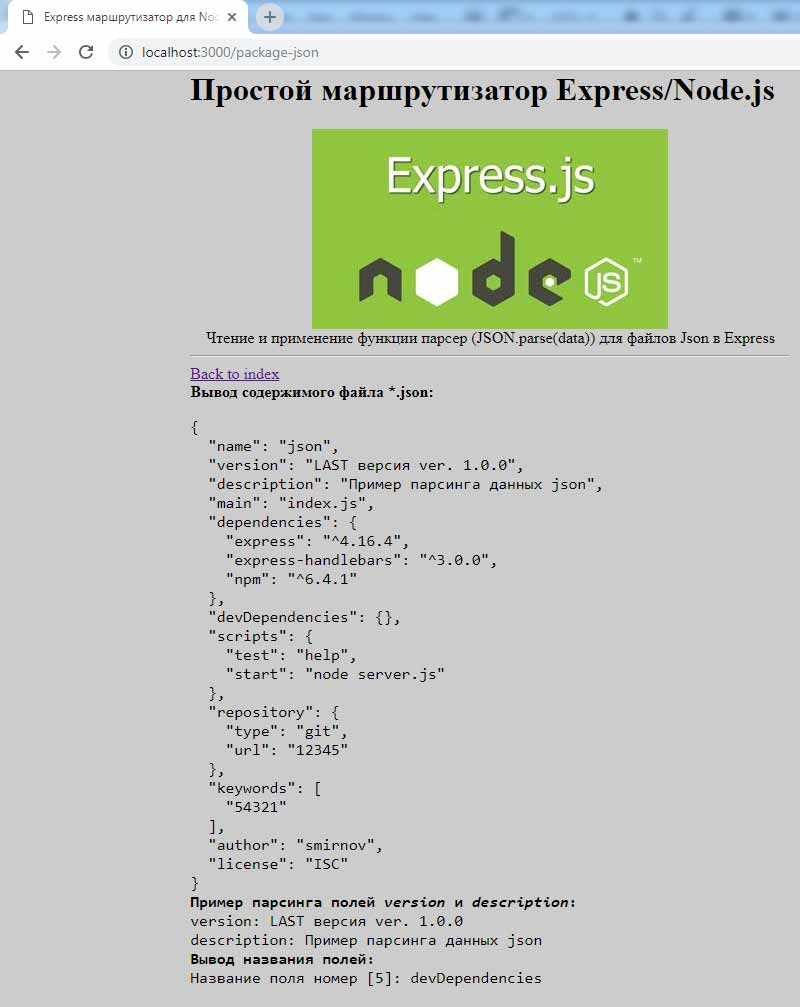 Результат парсинга данных в формате JSON в среде node-express